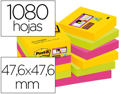12 blocs de 90notas adhesivas quita y pon Post-it Super Sticky 47,6x47,6mm. colores surtidos
